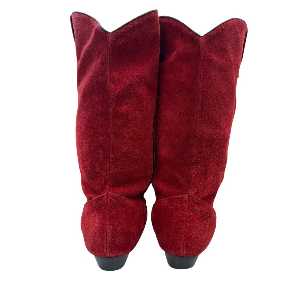Red Suede Tall Western Cowboy Slouch Boots Women Size 8.5 Low Heel V-Cut Topline - Picture 5 of 10